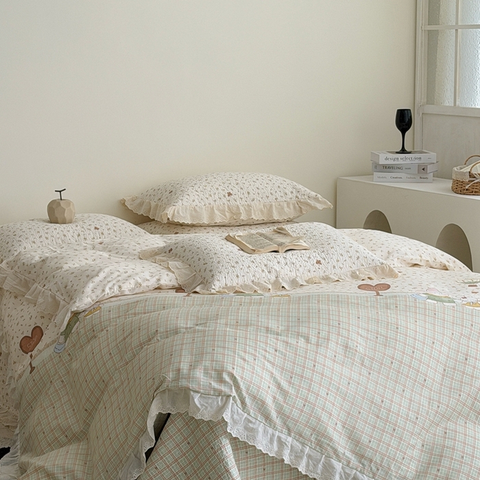 91家纺网 家纺一手货源 找家纺 佰织鑫家居 2026新款全棉法式砂洗棉花床盖款被套四件套 森系小兔