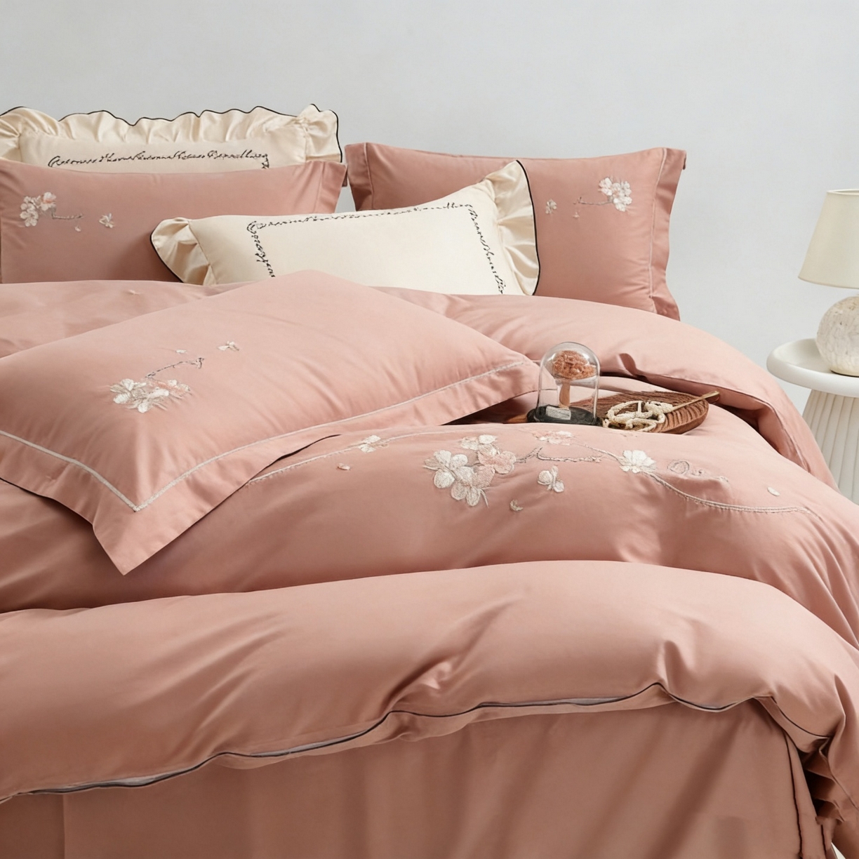 91家纺网 家纺一手货源 找家纺 U品汇 2026全棉纯棉刺绣花四件套40支长绒棉100%棉礼盒包装 梦娜-豆沙