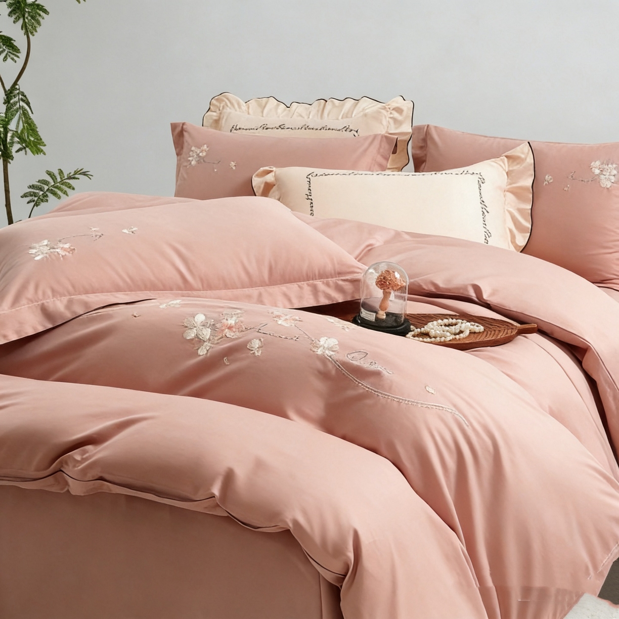 91家纺网 家纺一手货源 找家纺 U品汇 2026全棉纯棉刺绣花四件套40支长绒棉100%棉礼盒包装 梦娜-豆沙