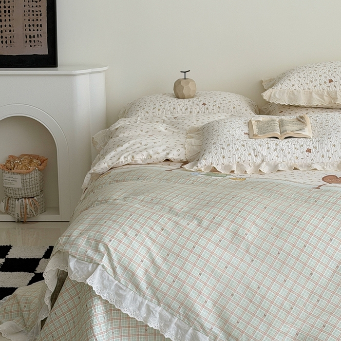 91家纺网 家纺一手货源 找家纺 佰织鑫家居 2026新款全棉法式砂洗棉花床盖款被套四件套 森系小兔