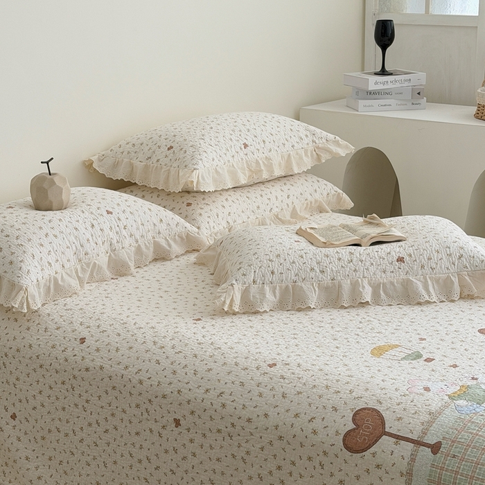 91家纺网 家纺一手货源 找家纺 佰织鑫家居 2026新款全棉法式砂洗棉花床盖款被套四件套 森系小兔