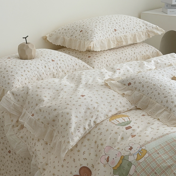 佰织鑫家居 2026新款全棉法式砂洗棉花床盖款被套四件套 森系小兔