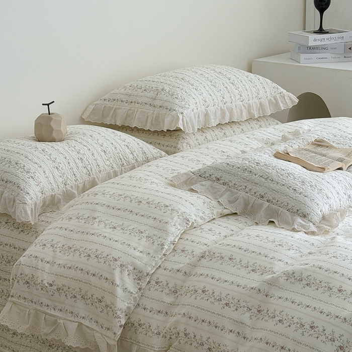 91家纺网 家纺一手货源 找家纺 佰织鑫家居 2026新款全棉法式砂洗棉花床盖款被套四件套 云裳