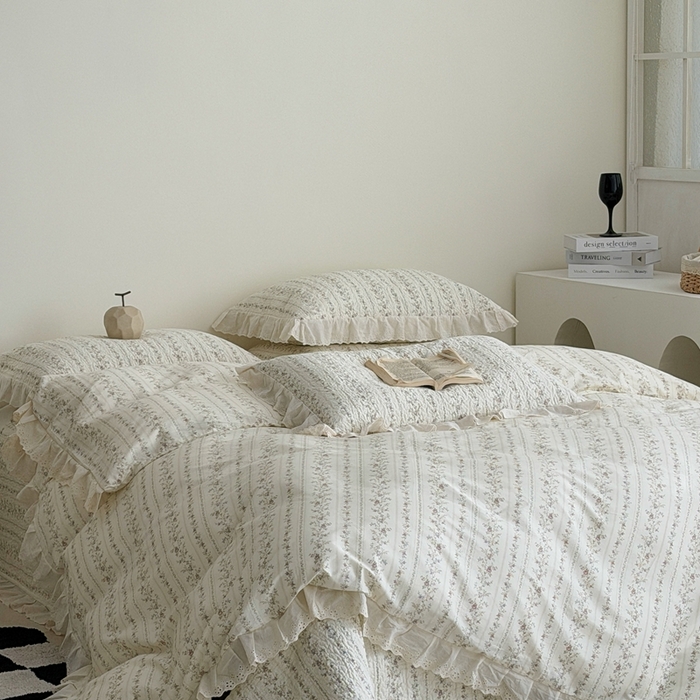 91家纺网 家纺一手货源 找家纺 佰织鑫家居 2026新款全棉法式砂洗棉花床盖款被套四件套 云裳