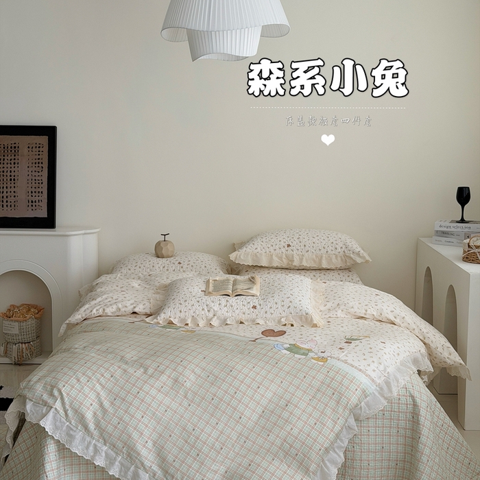 91家纺网 家纺一手货源 找家纺 佰织鑫家居 2026新款全棉法式砂洗棉花床盖款被套四件套 云裳