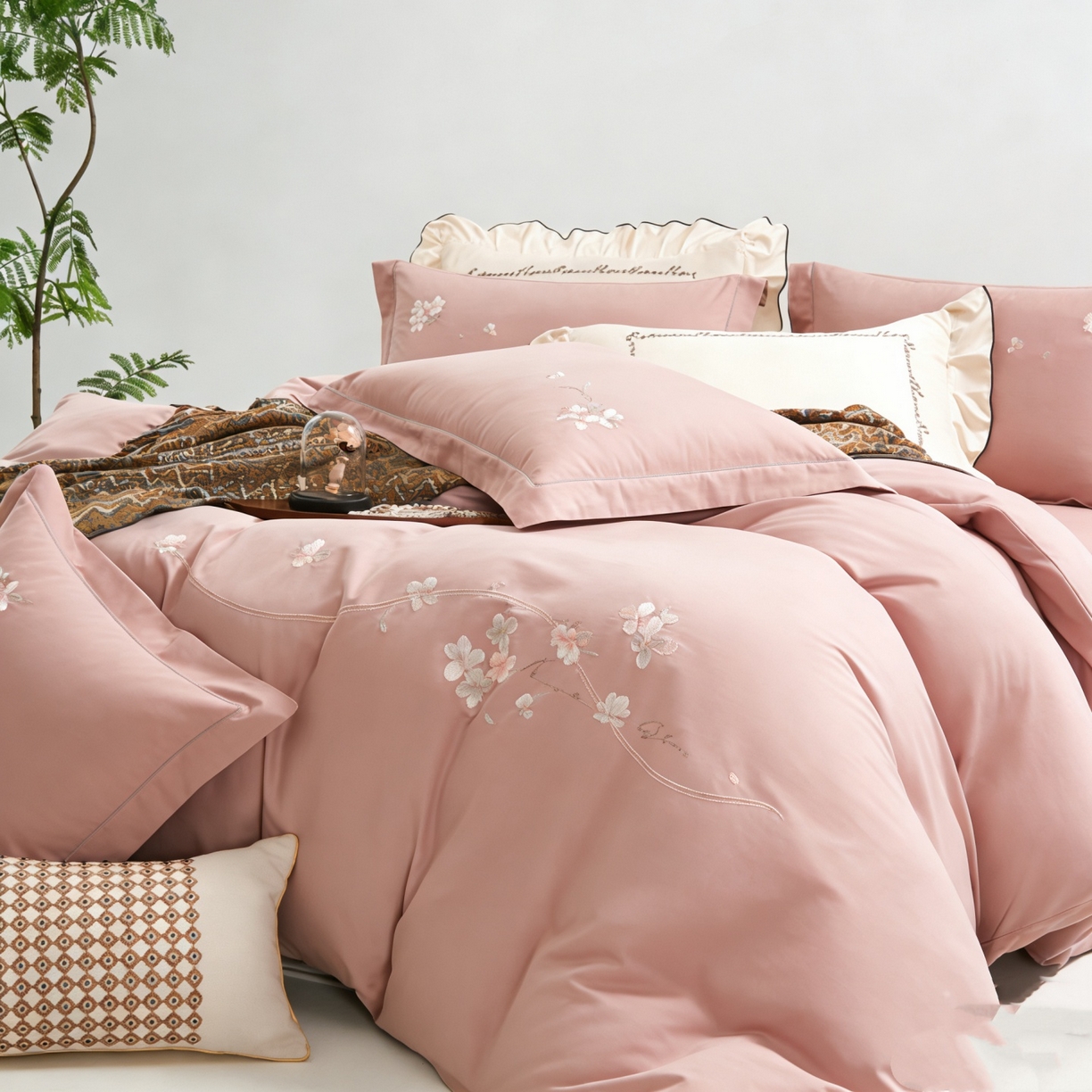 91家纺网 家纺一手货源 找家纺 U品汇 2026全棉纯棉刺绣花四件套40支长绒棉100%棉礼盒包装 梦娜-海棠粉