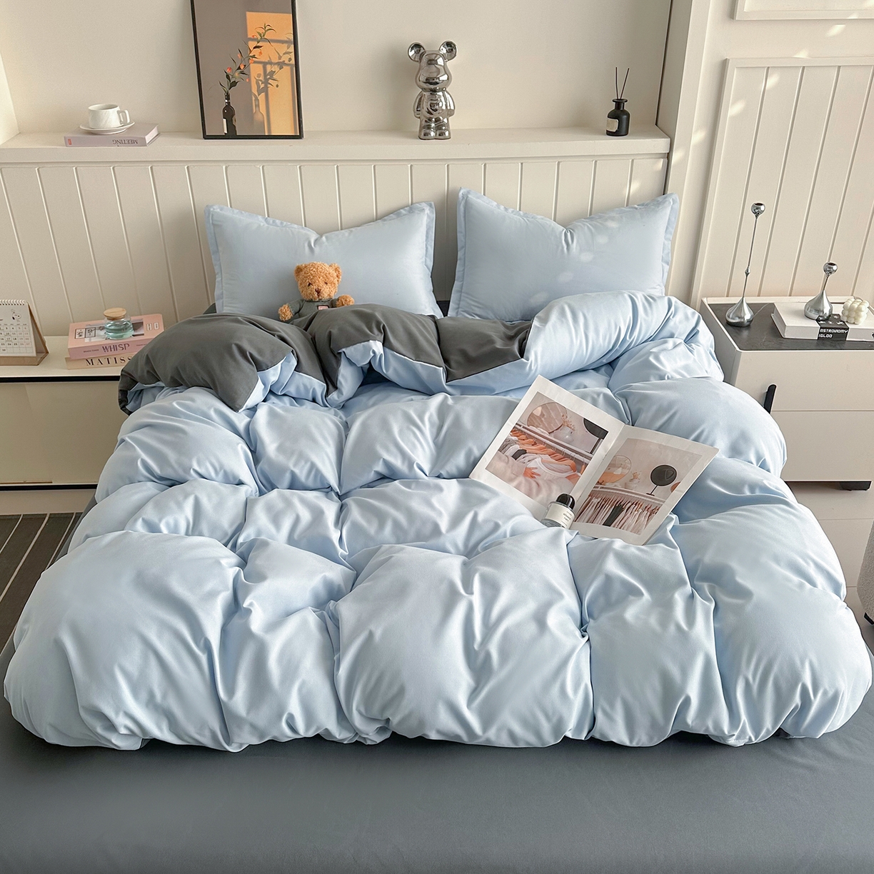 佑泽家纺 2026新款亲肤水洗棉四件套 天空蓝+月光灰