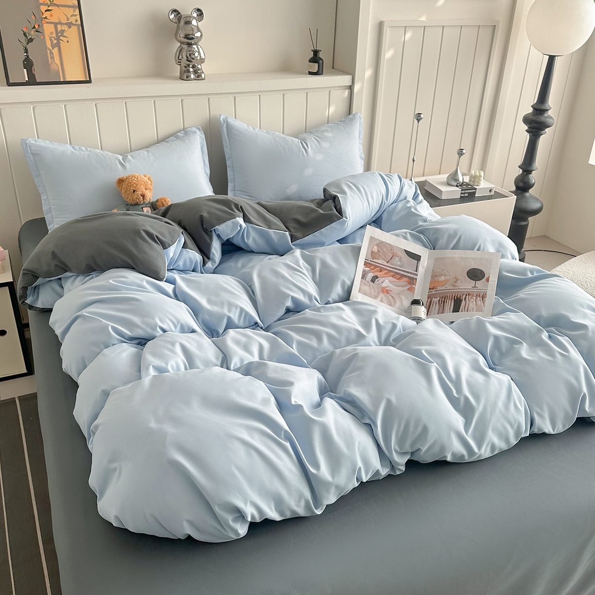 91家纺网 家纺一手货源 找家纺 佑泽家纺 2026新款亲肤水洗棉四件套 天空蓝+月光灰