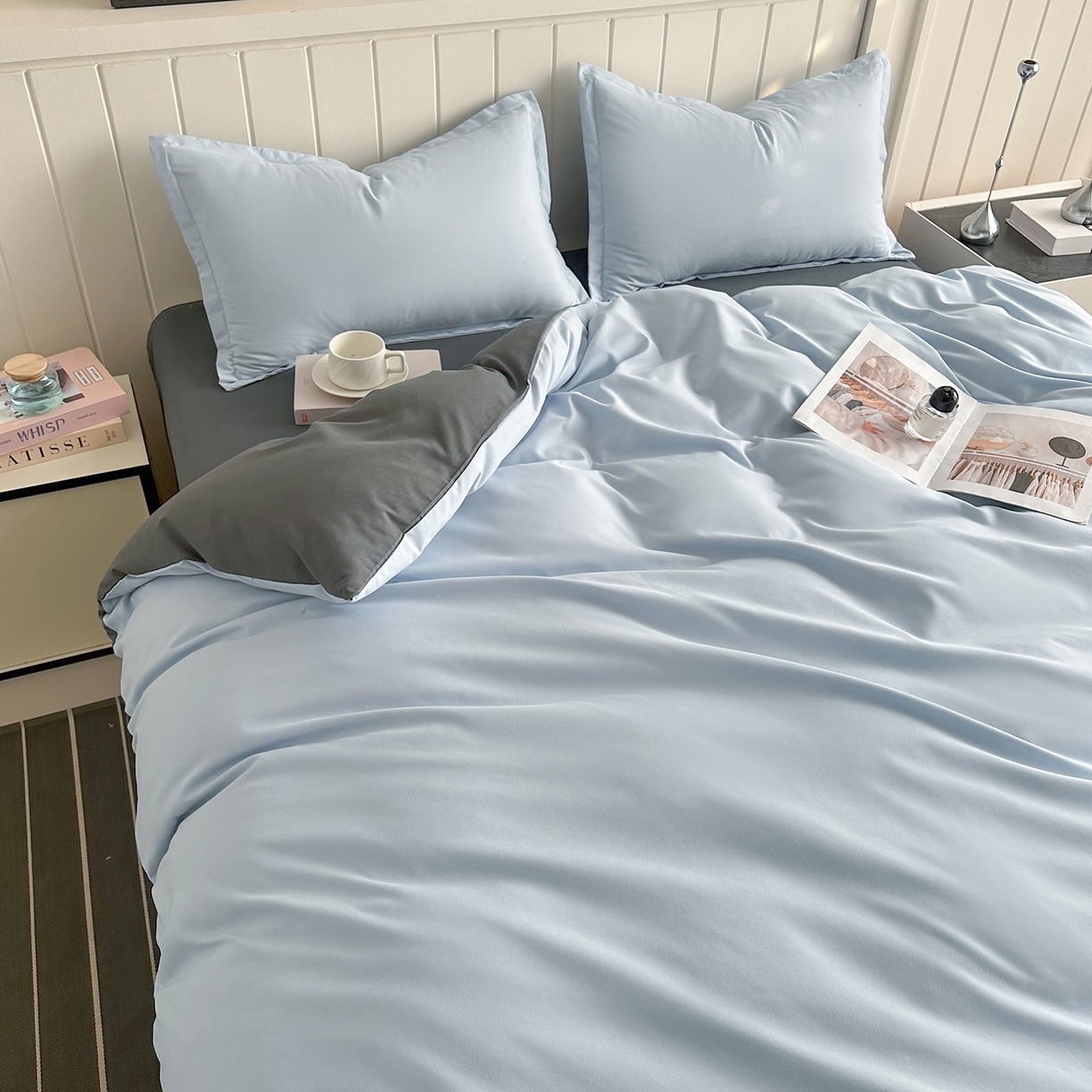 91家纺网 家纺一手货源 找家纺 佑泽家纺 2026新款亲肤水洗棉四件套 天空蓝+月光灰