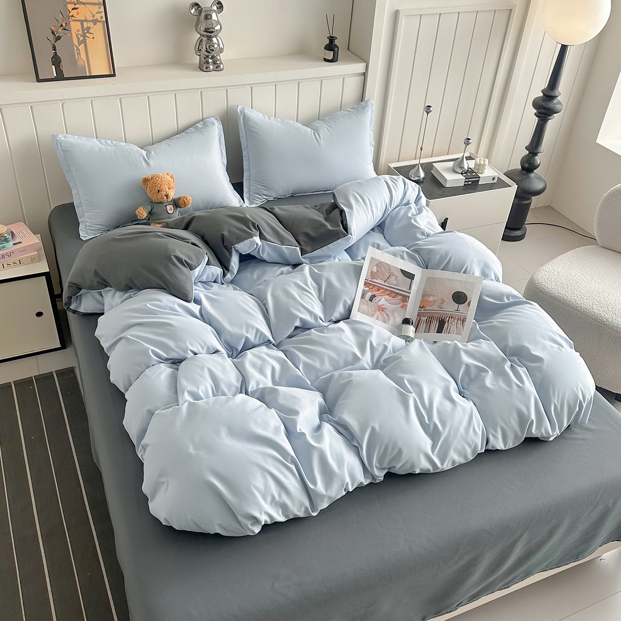 91家纺网 家纺一手货源 找家纺 佑泽家纺 2026新款亲肤水洗棉四件套 天空蓝+月光灰