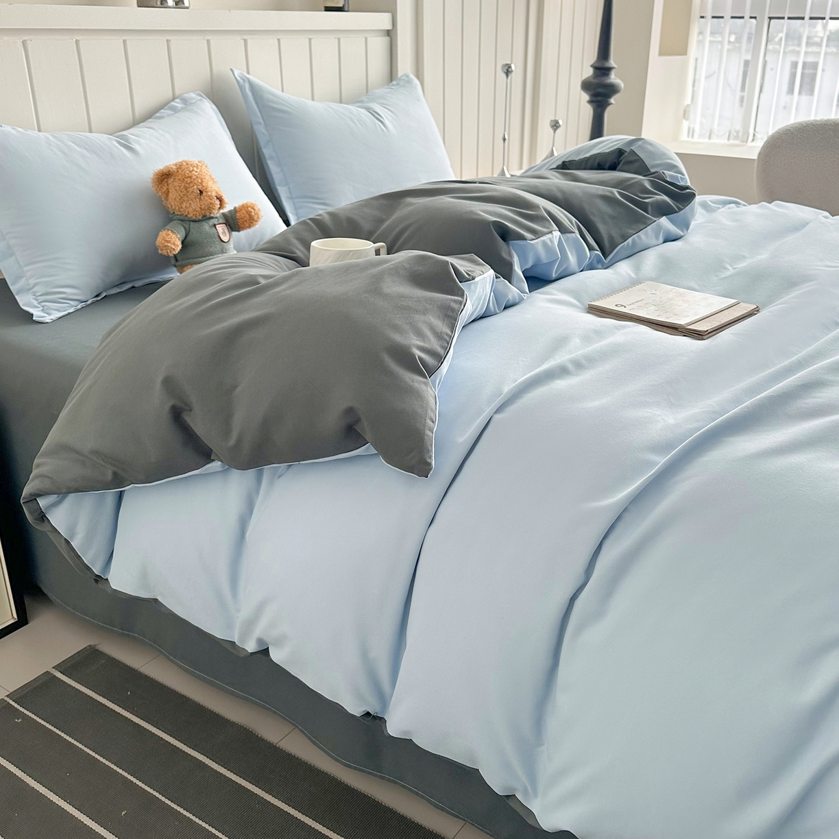 91家纺网 家纺一手货源 找家纺 佑泽家纺 2026新款亲肤水洗棉四件套 天空蓝+月光灰