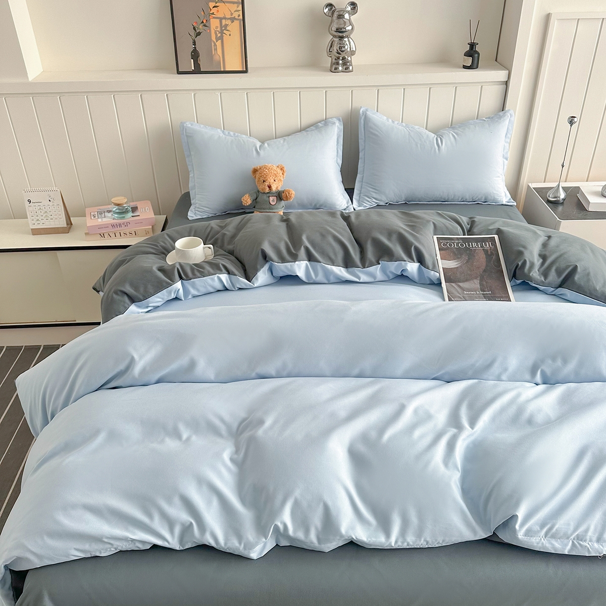 91家纺网 家纺一手货源 找家纺 佑泽家纺 2026新款亲肤水洗棉四件套 天空蓝+月光灰