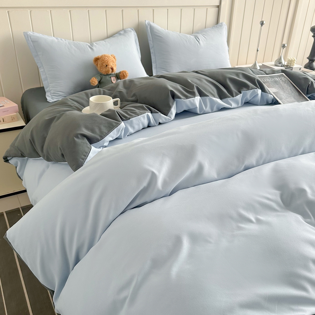 91家纺网 家纺一手货源 找家纺 佑泽家纺 2026新款亲肤水洗棉四件套 天空蓝+月光灰