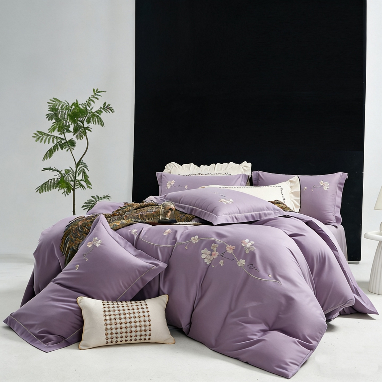 U品汇 2026全棉纯棉刺绣花四件套40支长绒棉100%棉礼盒包装 梦娜-罗兰紫