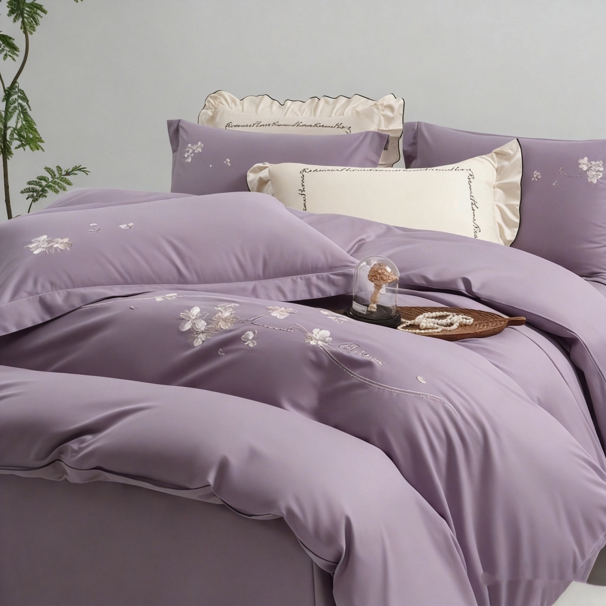 91家纺网 家纺一手货源 找家纺 U品汇 2026全棉纯棉刺绣花四件套40支长绒棉100%棉礼盒包装 梦娜-罗兰紫