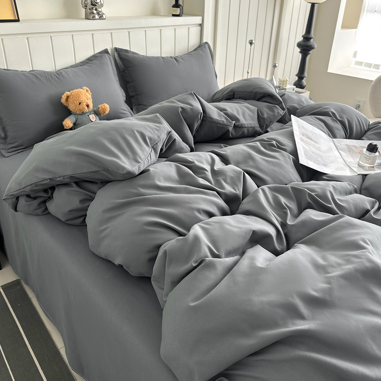 91家纺网 家纺一手货源 找家纺 佑泽家纺 2026新款亲肤水洗棉四件套 星空灰