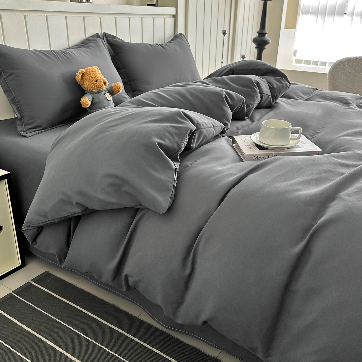 91家纺网 家纺一手货源 找家纺 佑泽家纺 2026新款亲肤水洗棉四件套 星空灰