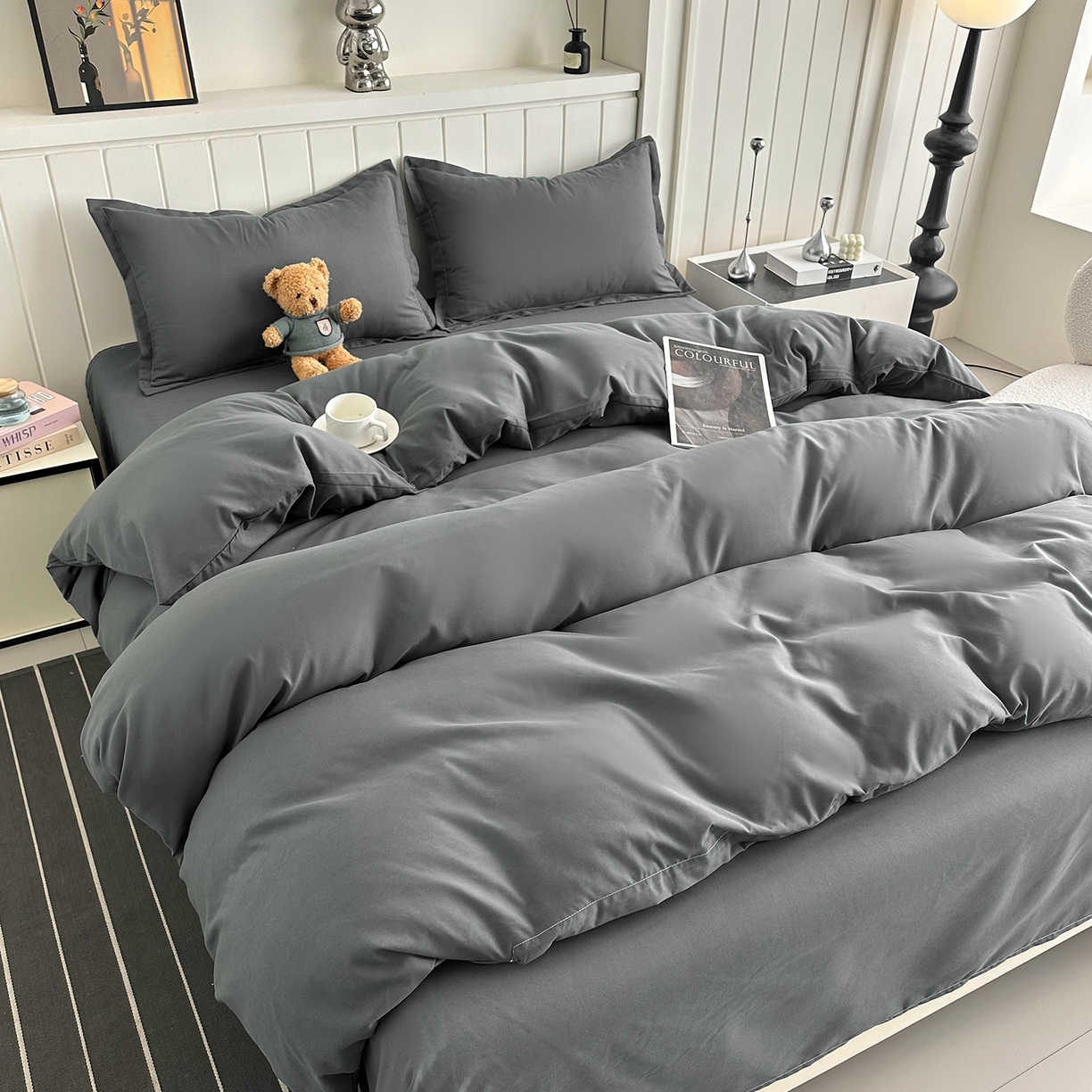 91家纺网 家纺一手货源 找家纺 佑泽家纺 2026新款亲肤水洗棉四件套 星空灰