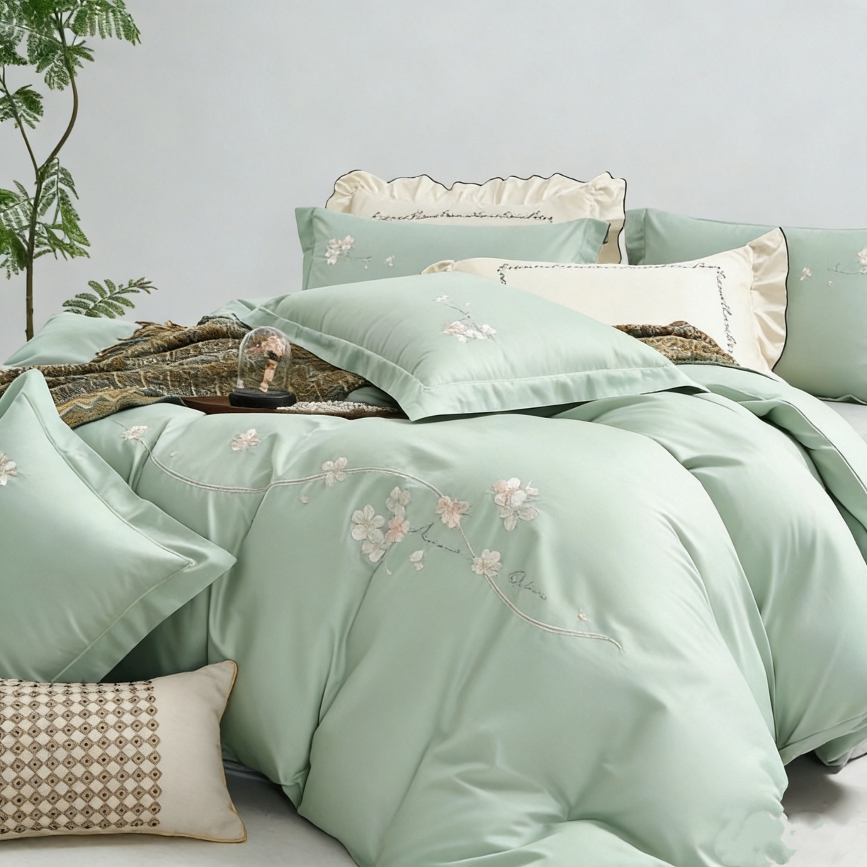 91家纺网 家纺一手货源 找家纺 U品汇 2026全棉纯棉刺绣花四件套40支长绒棉100%棉礼盒包装 梦娜-嫩叶绿