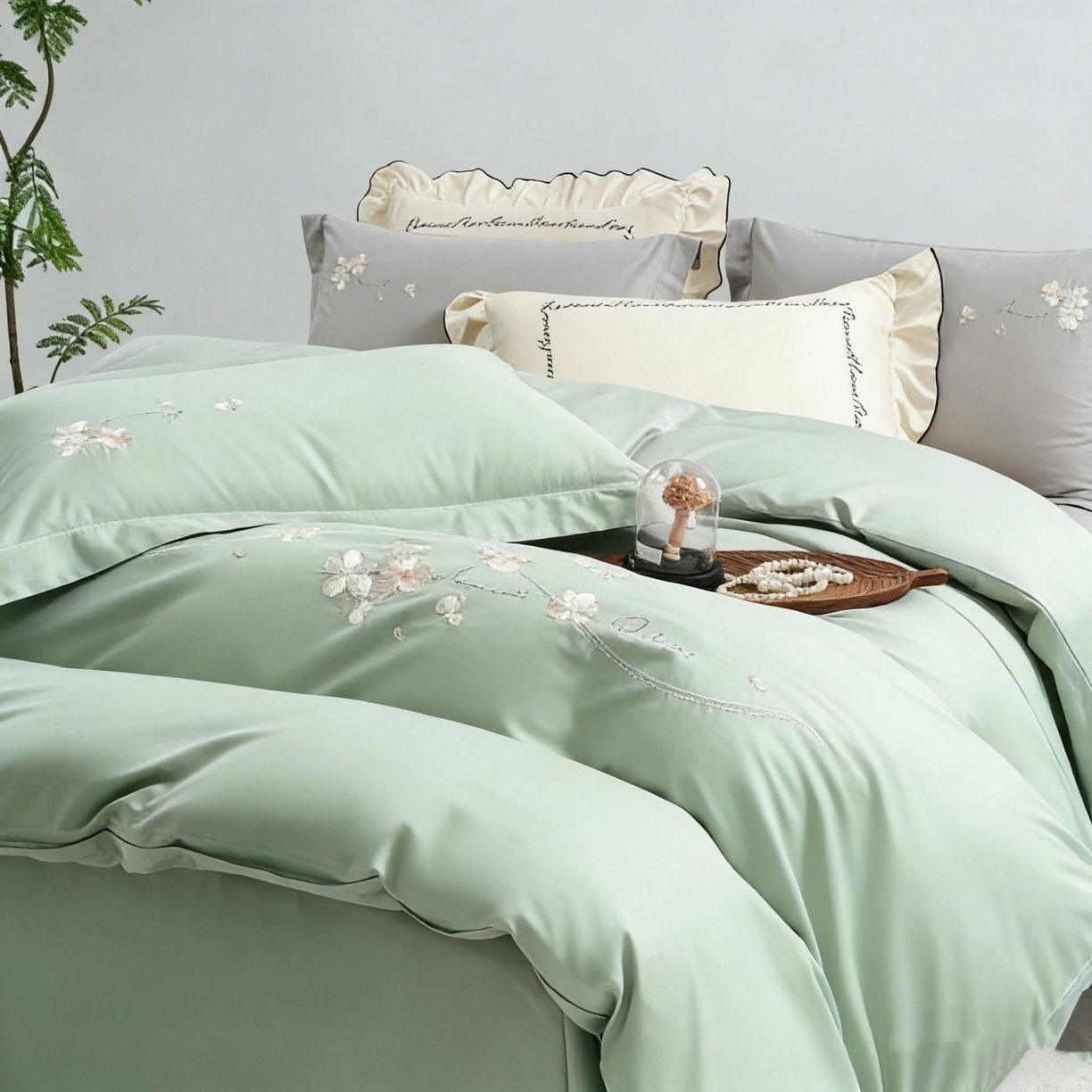 91家纺网 家纺一手货源 找家纺 U品汇 2026全棉纯棉刺绣花四件套40支长绒棉100%棉礼盒包装 梦娜-嫩叶绿