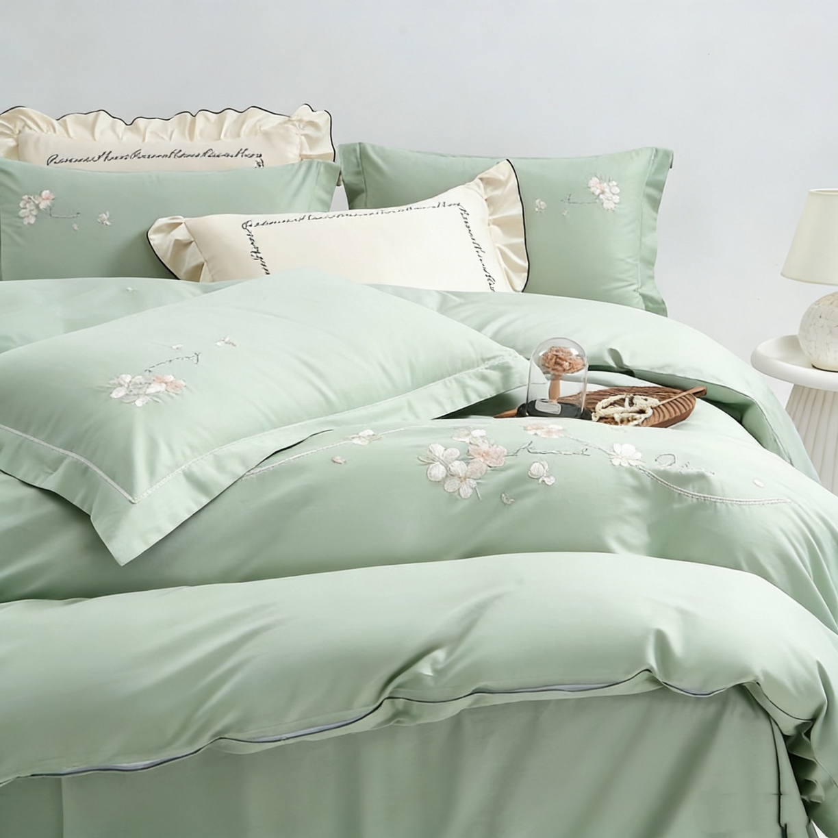 91家纺网 家纺一手货源 找家纺 U品汇 2026全棉纯棉刺绣花四件套40支长绒棉100%棉礼盒包装 梦娜-嫩叶绿