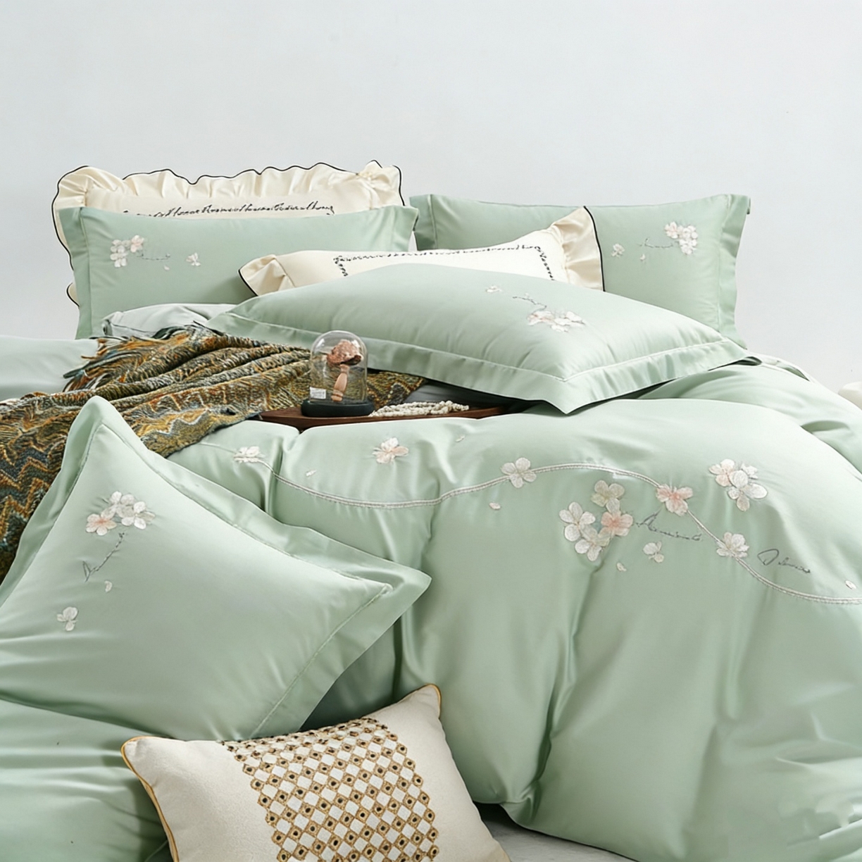 91家纺网 家纺一手货源 找家纺 U品汇 2026全棉纯棉刺绣花四件套40支长绒棉100%棉礼盒包装 梦娜-嫩叶绿