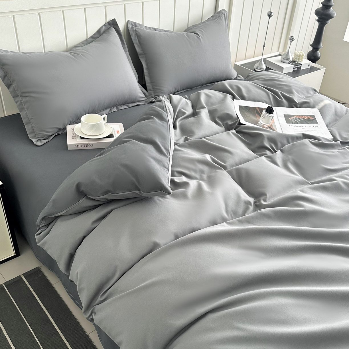 91家纺网 家纺一手货源 找家纺 佑泽家纺 2026新款亲肤水洗棉四件套 月光灰+星空灰