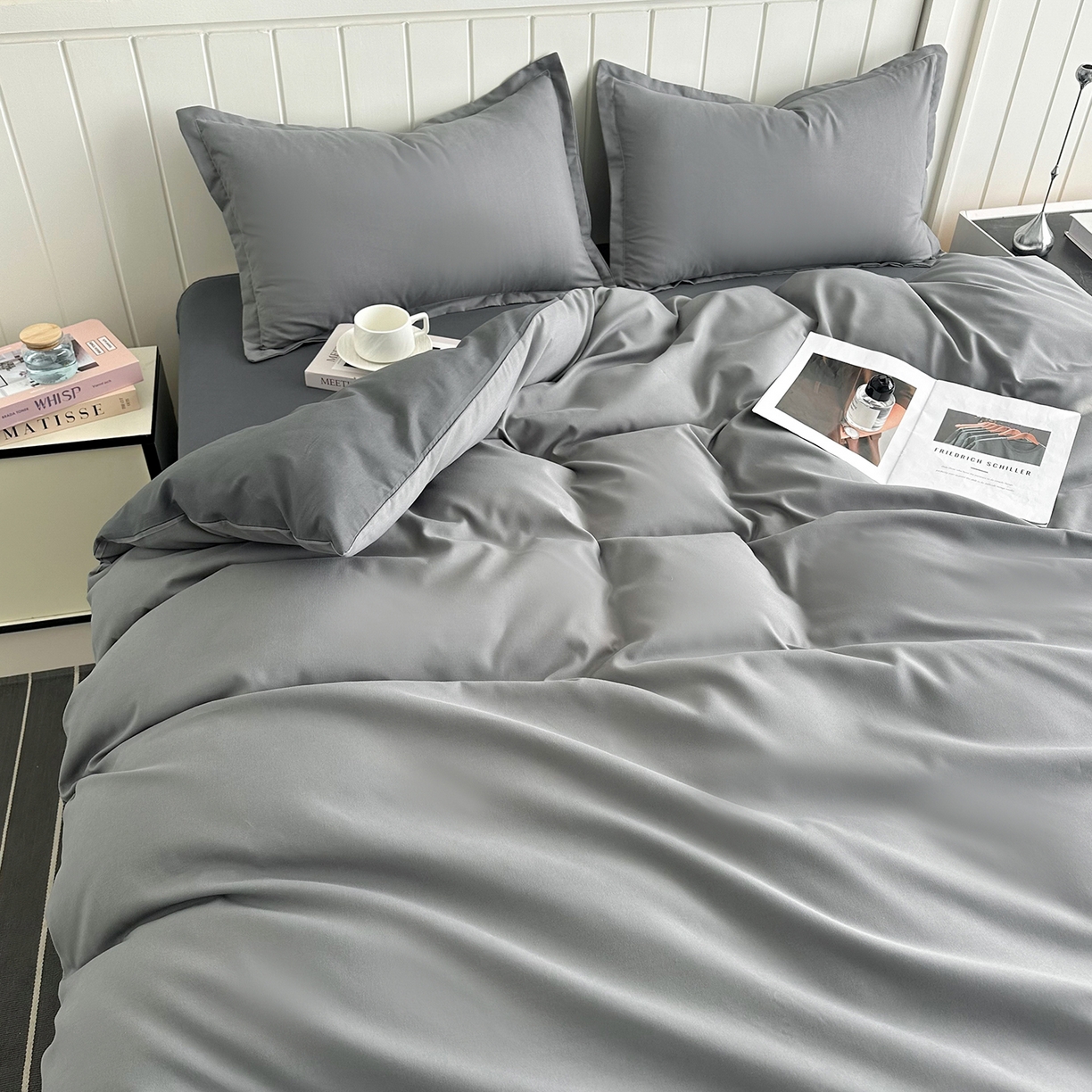 91家纺网 家纺一手货源 找家纺 佑泽家纺 2026新款亲肤水洗棉四件套 月光灰+星空灰