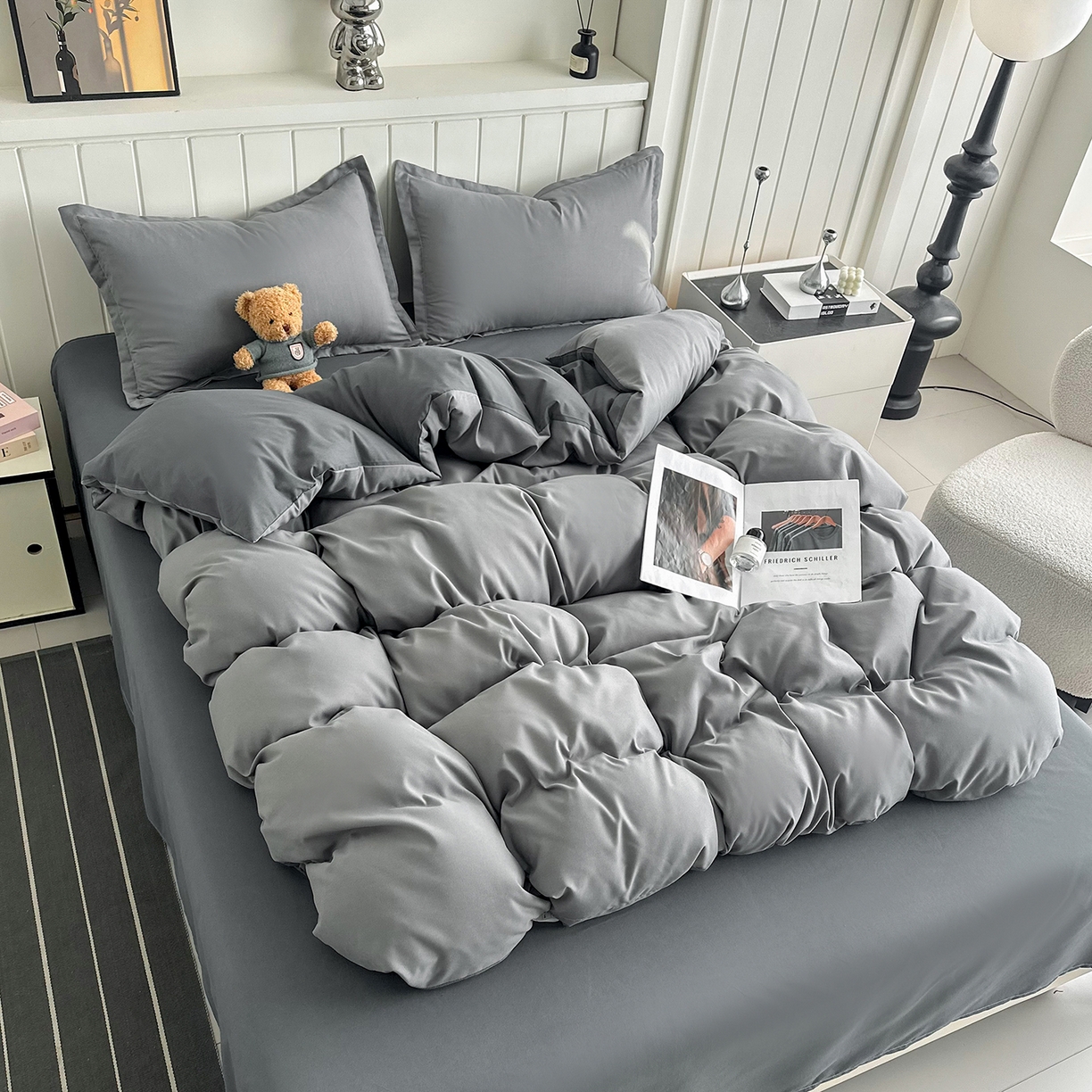 91家纺网 家纺一手货源 找家纺 佑泽家纺 2026新款亲肤水洗棉四件套 月光灰+星空灰