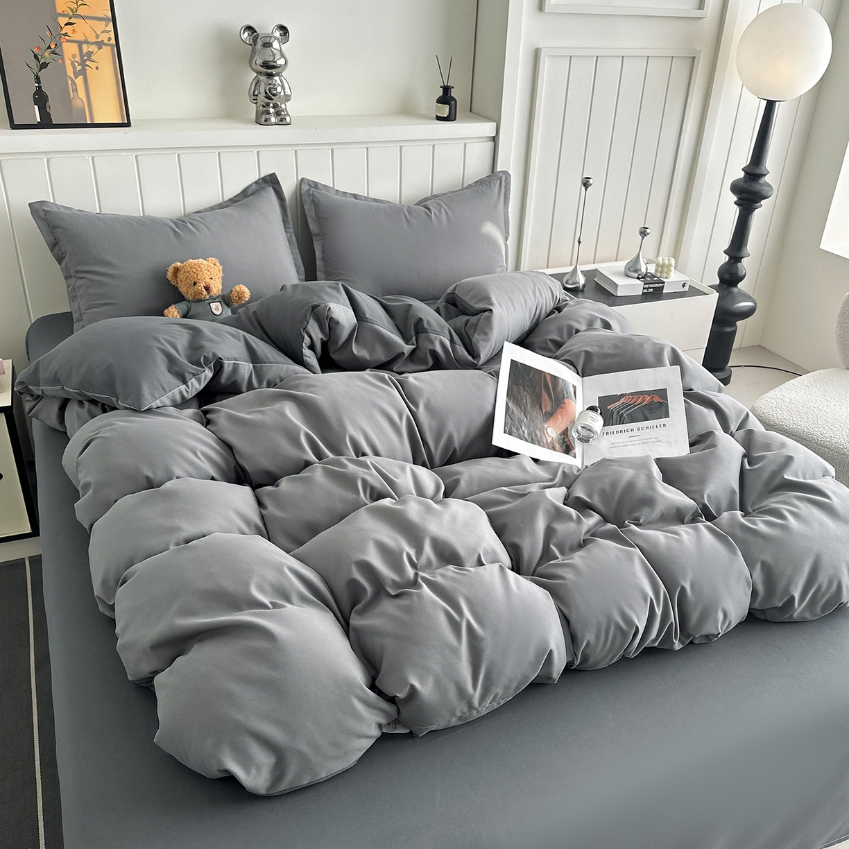 91家纺网 家纺一手货源 找家纺 佑泽家纺 2026新款亲肤水洗棉四件套 月光灰+星空灰