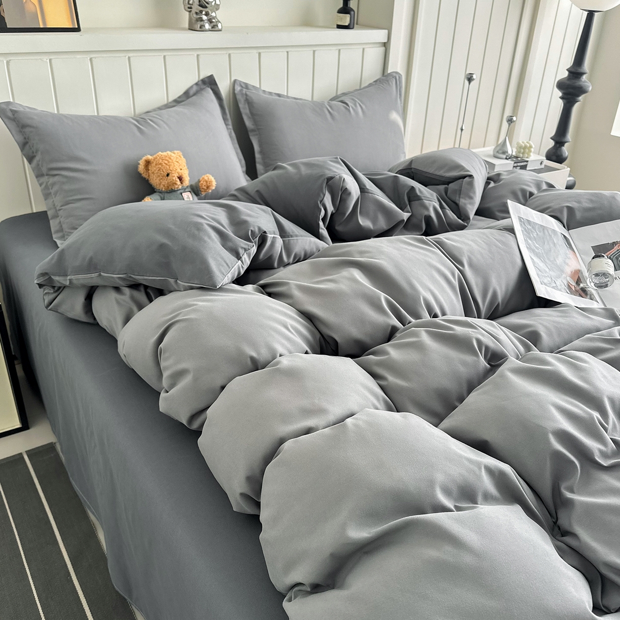 91家纺网 家纺一手货源 找家纺 佑泽家纺 2026新款亲肤水洗棉四件套 月光灰+星空灰