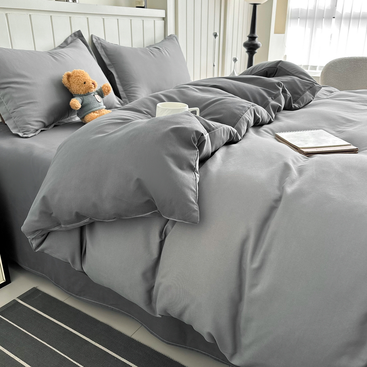 91家纺网 家纺一手货源 找家纺 佑泽家纺 2026新款亲肤水洗棉四件套 月光灰+星空灰