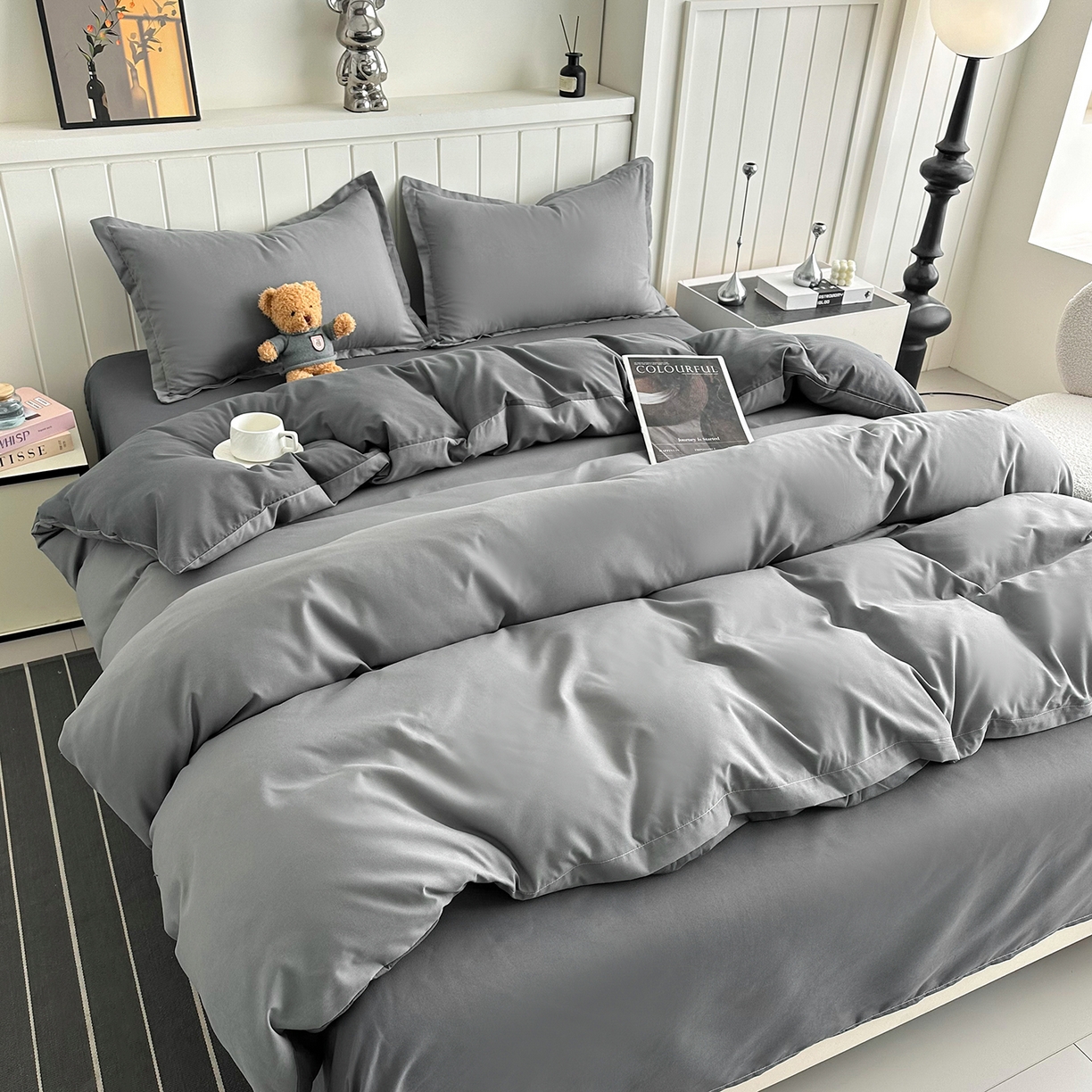 91家纺网 家纺一手货源 找家纺 佑泽家纺 2026新款亲肤水洗棉四件套 月光灰+星空灰