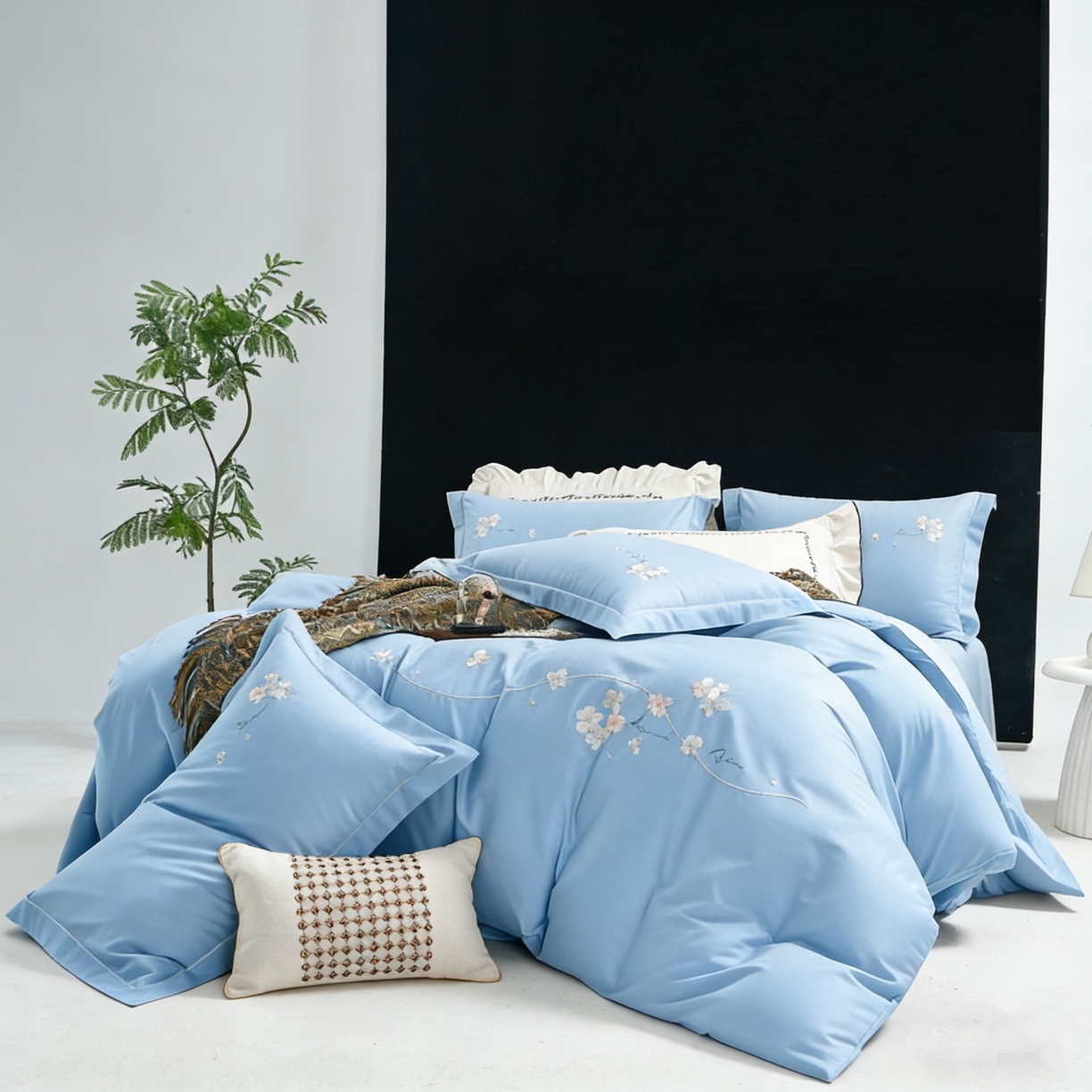 U品汇 2026全棉纯棉刺绣花四件套40支长绒棉100%棉礼盒包装 梦娜-天蓝