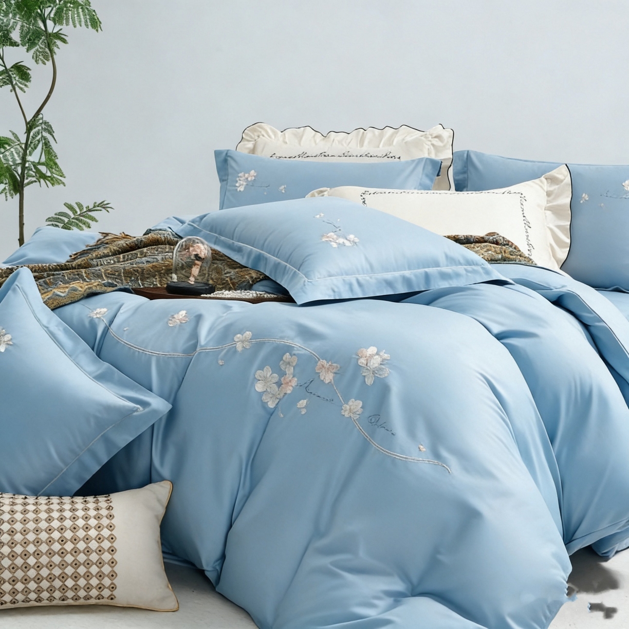 91家纺网 家纺一手货源 找家纺 U品汇 2026全棉纯棉刺绣花四件套40支长绒棉100%棉礼盒包装 梦娜-天蓝