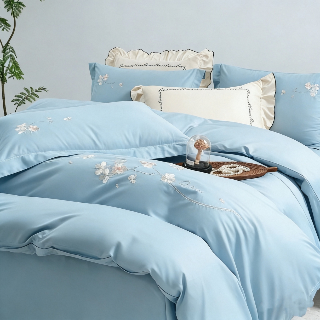 91家纺网 家纺一手货源 找家纺 U品汇 2026全棉纯棉刺绣花四件套40支长绒棉100%棉礼盒包装 梦娜-天蓝