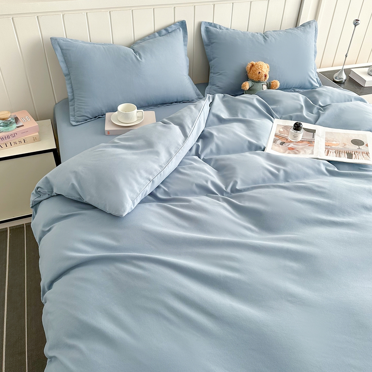 91家纺网 家纺一手货源 找家纺 佑泽家纺 2026新款亲肤水洗棉四件套 月光蓝