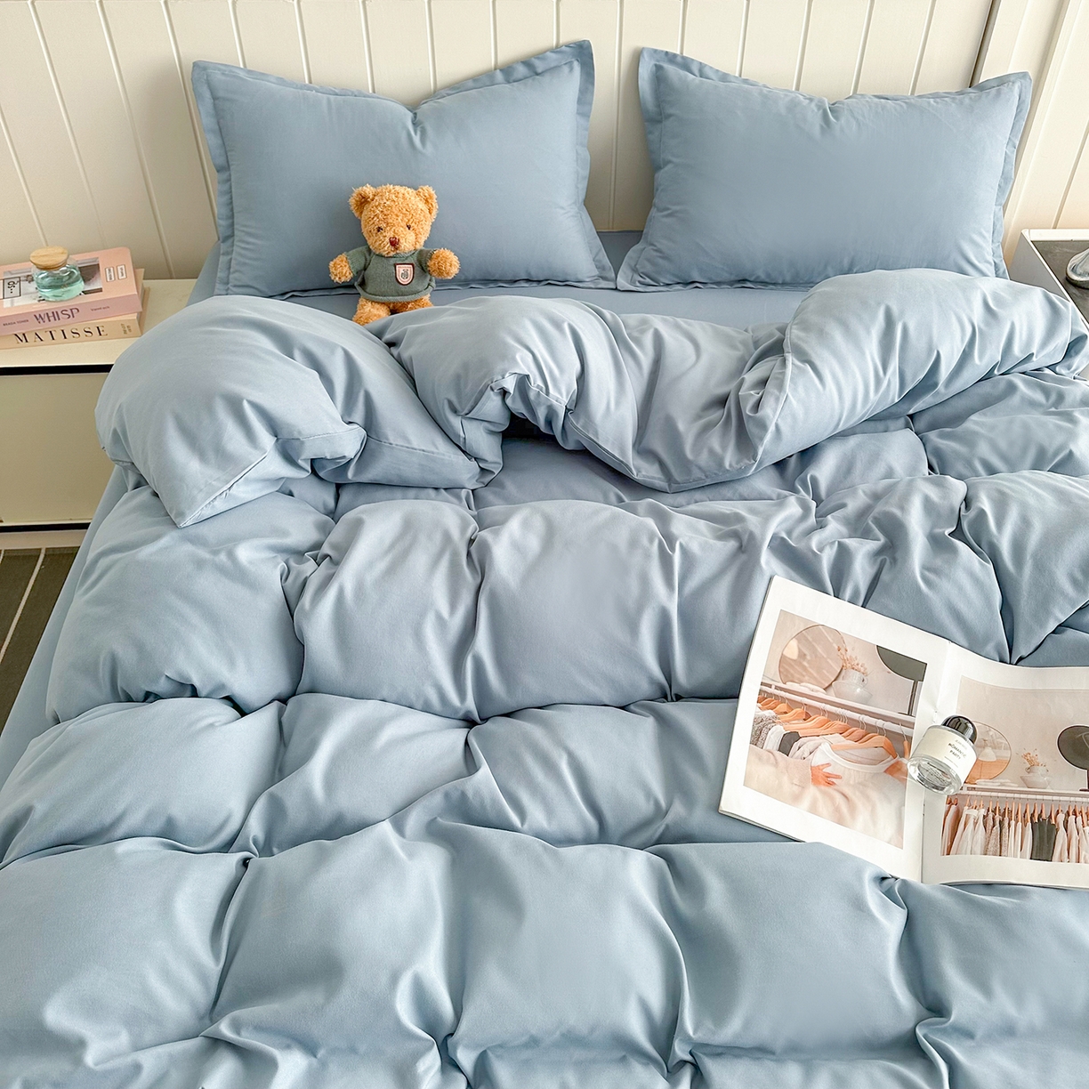 91家纺网 家纺一手货源 找家纺 佑泽家纺 2026新款亲肤水洗棉四件套 月光蓝