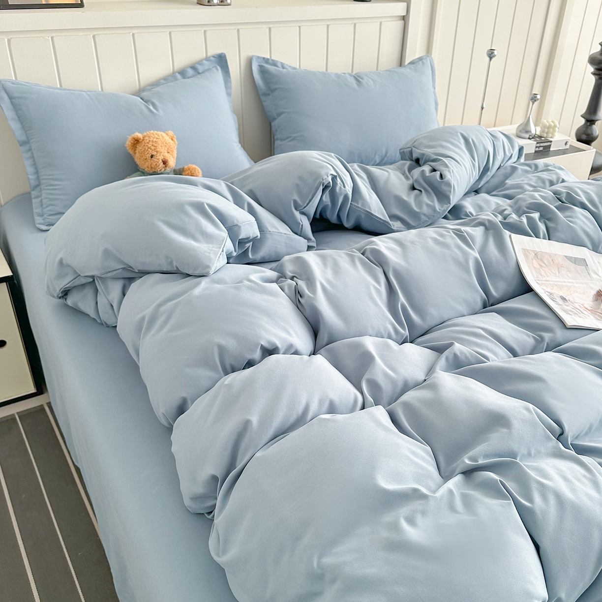 91家纺网 家纺一手货源 找家纺 佑泽家纺 2026新款亲肤水洗棉四件套 月光蓝