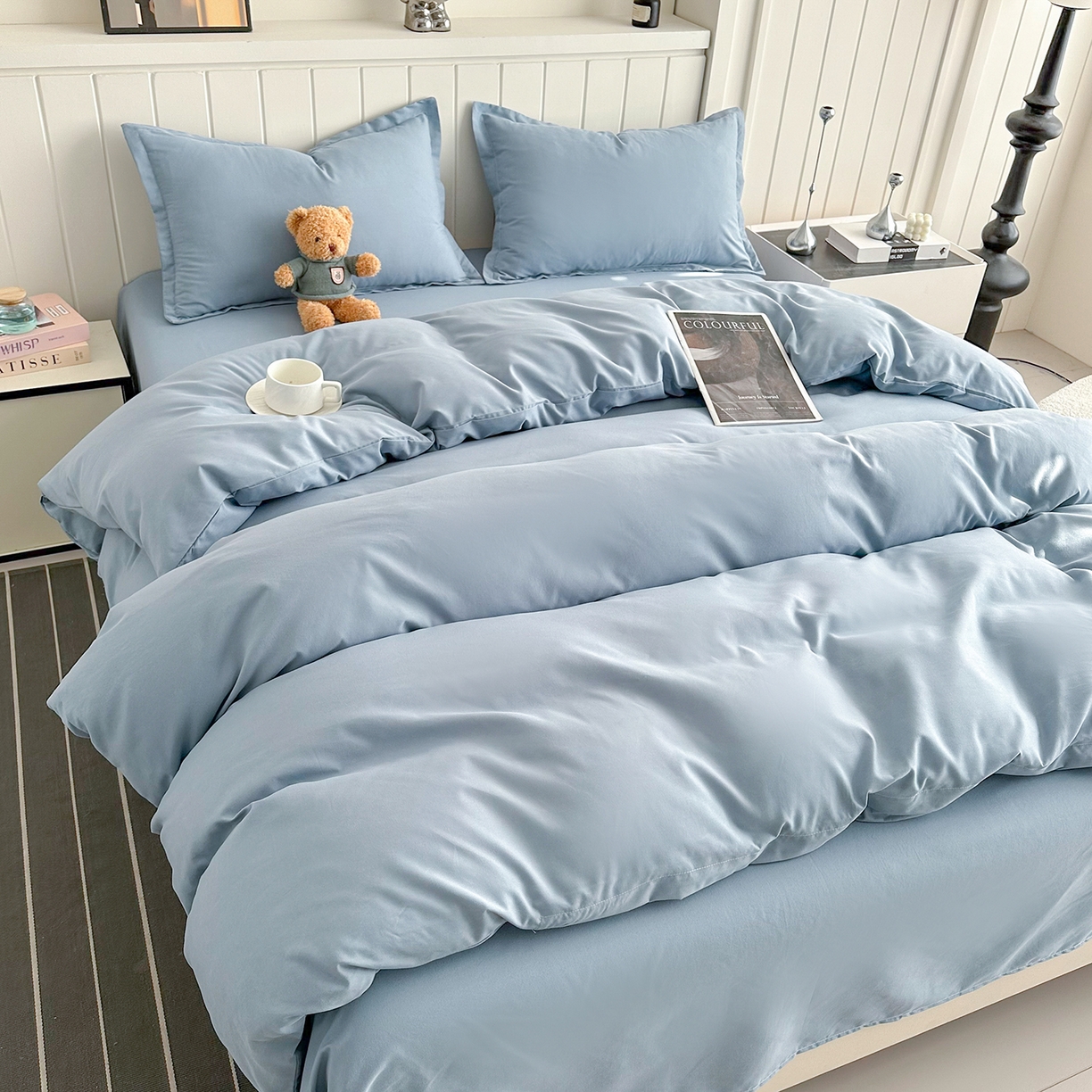 91家纺网 家纺一手货源 找家纺 佑泽家纺 2026新款亲肤水洗棉四件套 月光蓝