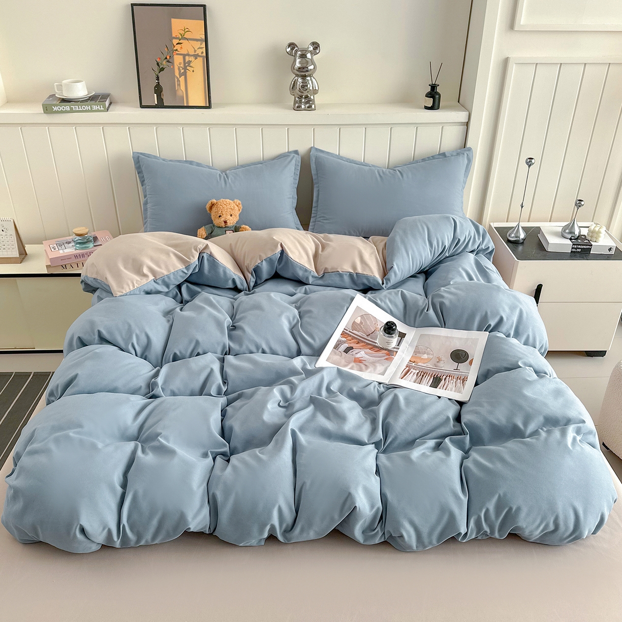 佑泽家纺 2026新款亲肤水洗棉四件套 月光蓝+卡其