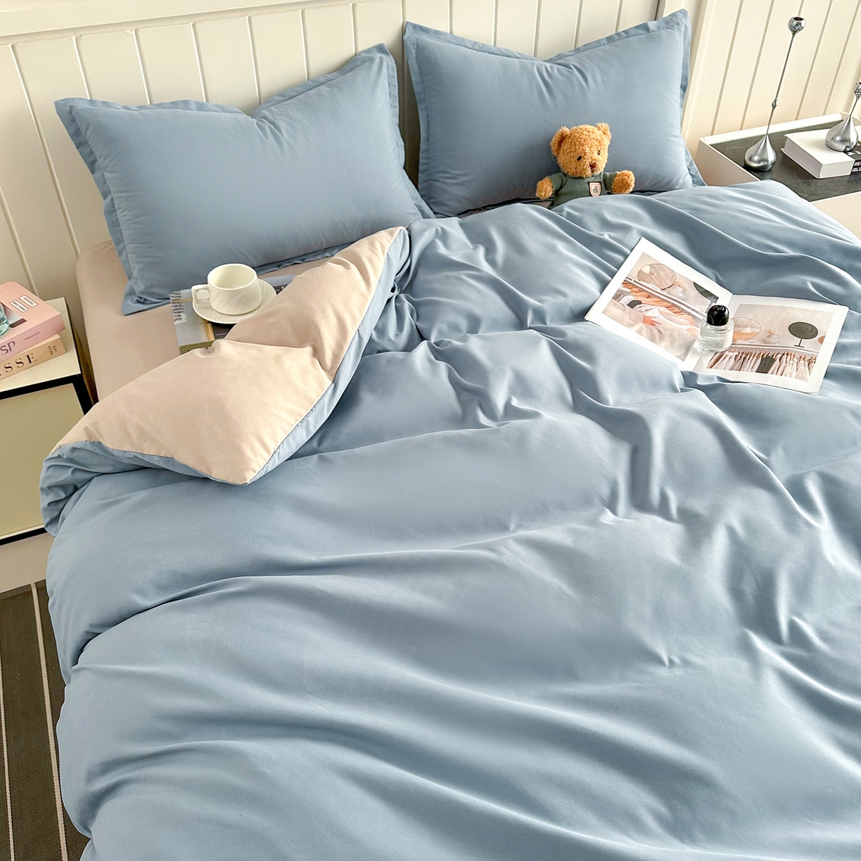 91家纺网 家纺一手货源 找家纺 佑泽家纺 2026新款亲肤水洗棉四件套 月光蓝+卡其