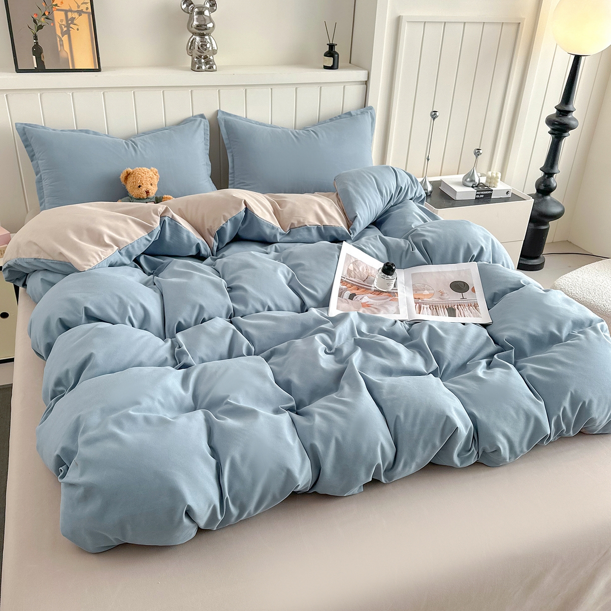 91家纺网 家纺一手货源 找家纺 佑泽家纺 2026新款亲肤水洗棉四件套 月光蓝+卡其