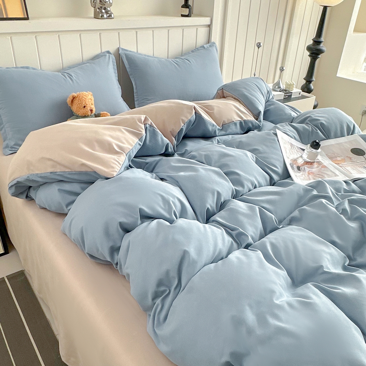 91家纺网 家纺一手货源 找家纺 佑泽家纺 2026新款亲肤水洗棉四件套 月光蓝+卡其