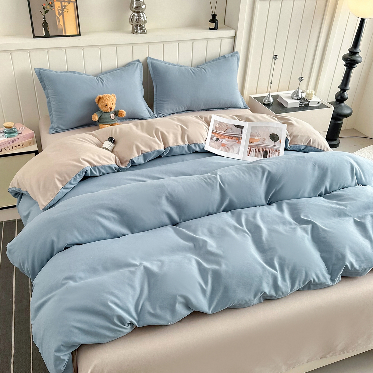 91家纺网 家纺一手货源 找家纺 佑泽家纺 2026新款亲肤水洗棉四件套 月光蓝+卡其