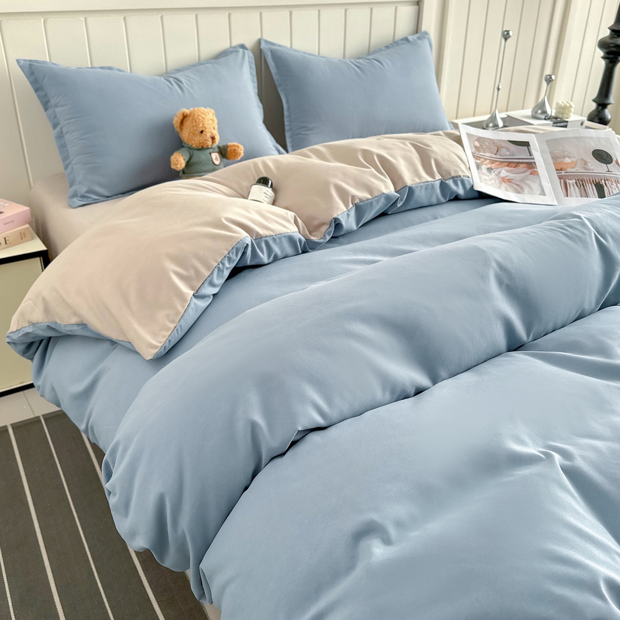 91家纺网 家纺一手货源 找家纺 佑泽家纺 2026新款亲肤水洗棉四件套 月光蓝+卡其