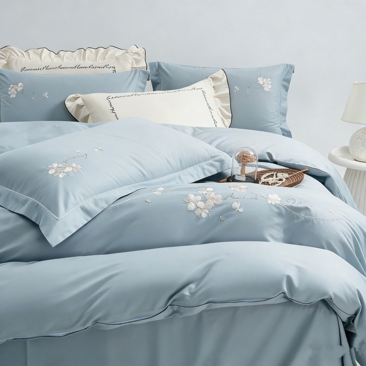 91家纺网 家纺一手货源 找家纺 U品汇 2026全棉纯棉刺绣花四件套40支长绒棉100%棉礼盒包装 梦娜-雾蓝