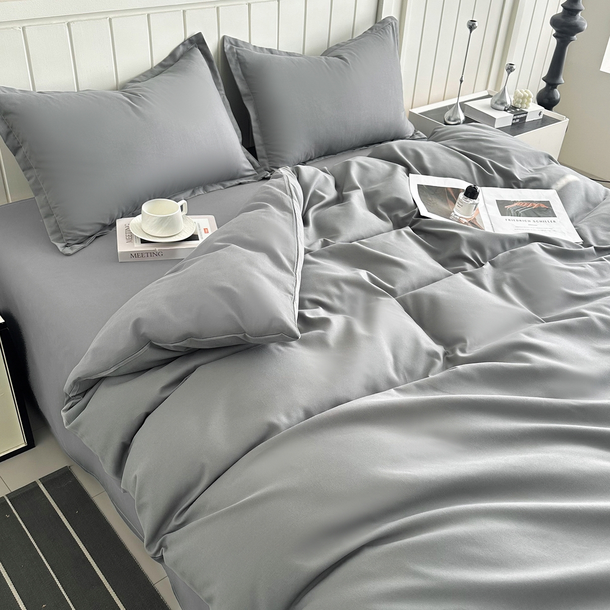 91家纺网 家纺一手货源 找家纺 佑泽家纺 2026新款亲肤水洗棉四件套 钻石灰