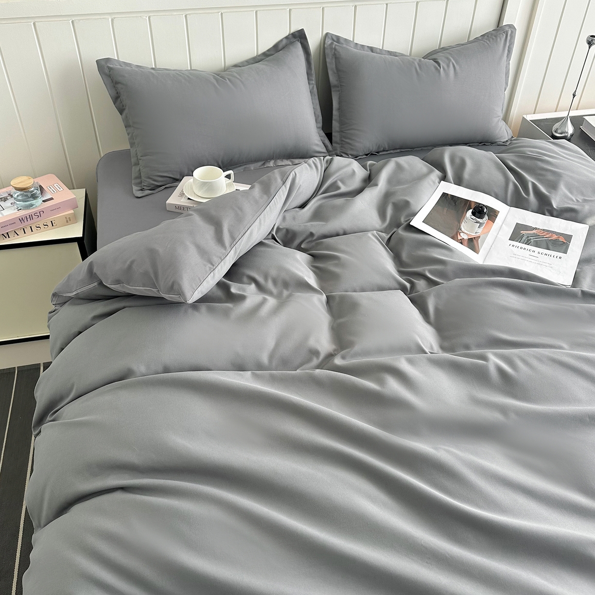 91家纺网 家纺一手货源 找家纺 佑泽家纺 2026新款亲肤水洗棉四件套 钻石灰