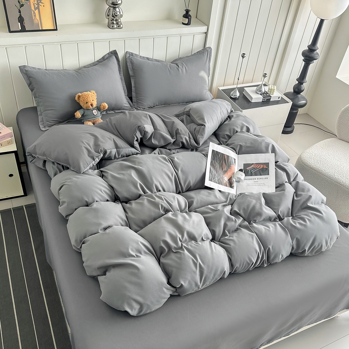 91家纺网 家纺一手货源 找家纺 佑泽家纺 2026新款亲肤水洗棉四件套 钻石灰